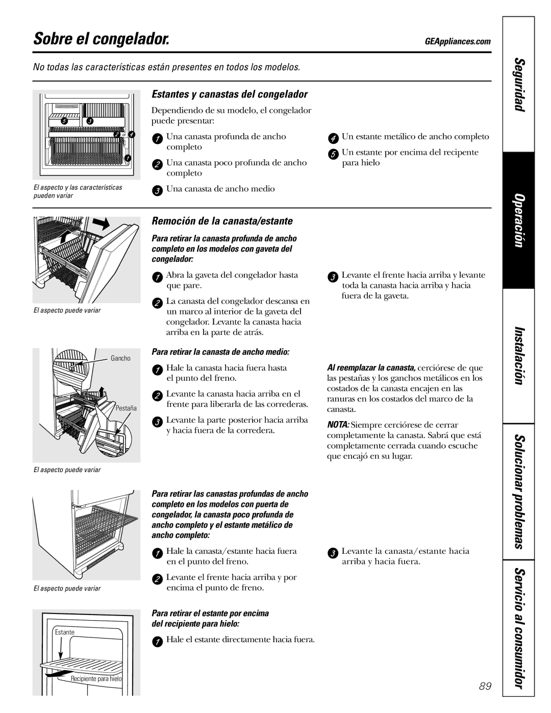 GE 197D4618P002 Sobre el congelador, Estantes y canastas del congelador, Remoción de la canasta/estante, Solucionar 