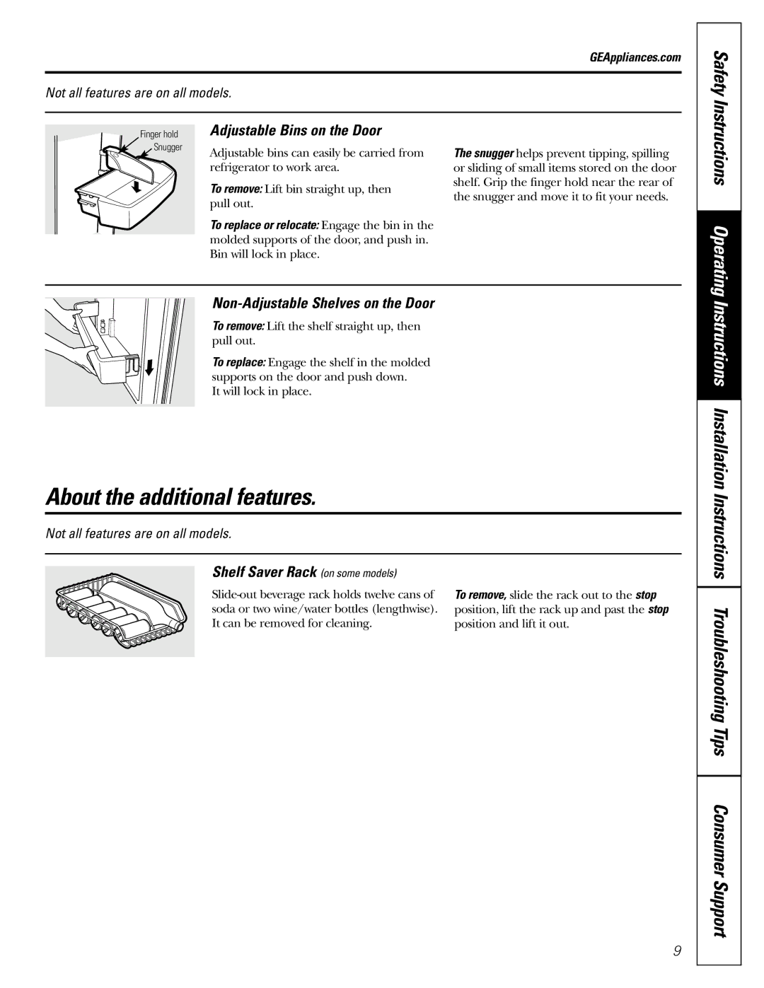 GE 197D4618P002 About the additional features, Safety, Adjustable Bins on the Door, Non-Adjustable Shelves on the Door 