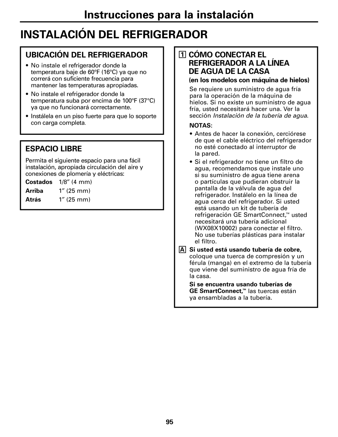 GE 197D4618P002 installation instructions Instalación DEL Refrigerador, Ubicación DEL Refrigerador, Espacio Libre 