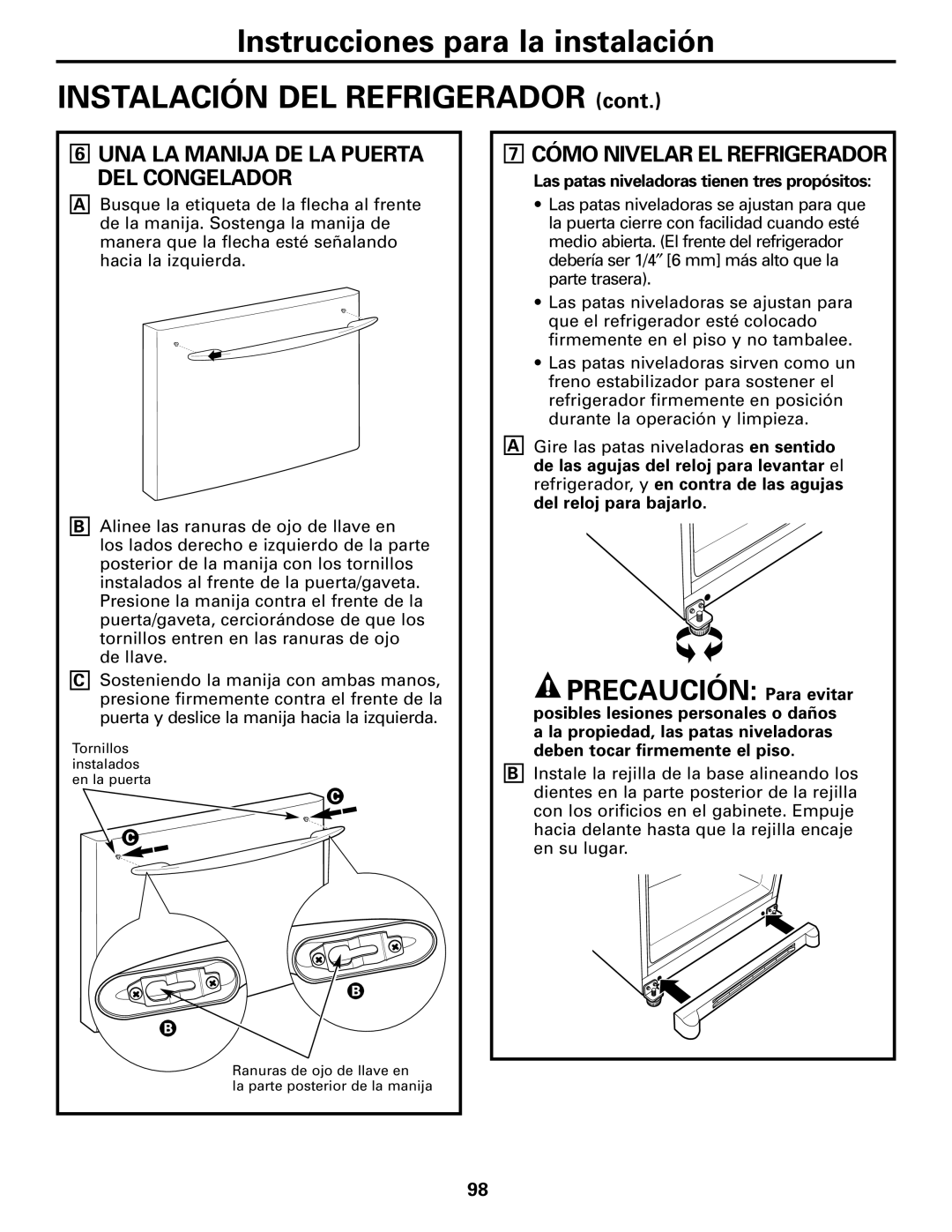 GE 197D4618P002 installation instructions UNA LA Manija DE LA Puerta DEL Congelador, Cómo Nivelar EL Refrigerador 