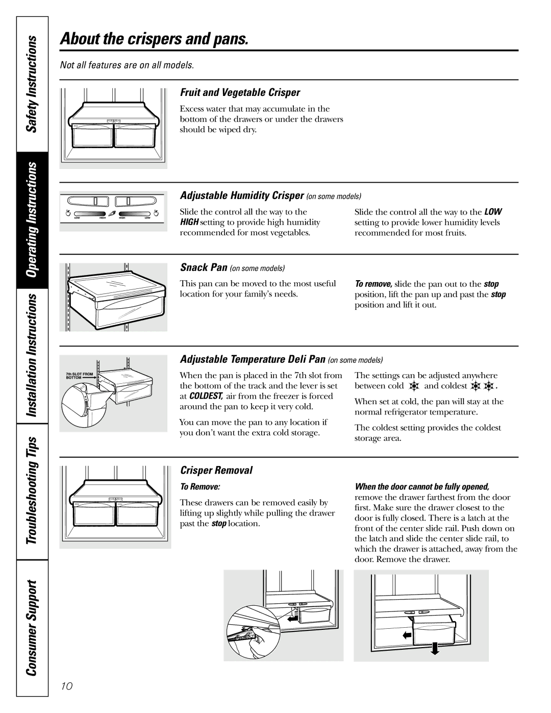 GE 197D4618P003 operating instructions About the crispers and pans, Instructions Operating Instructions Safety Instructions 