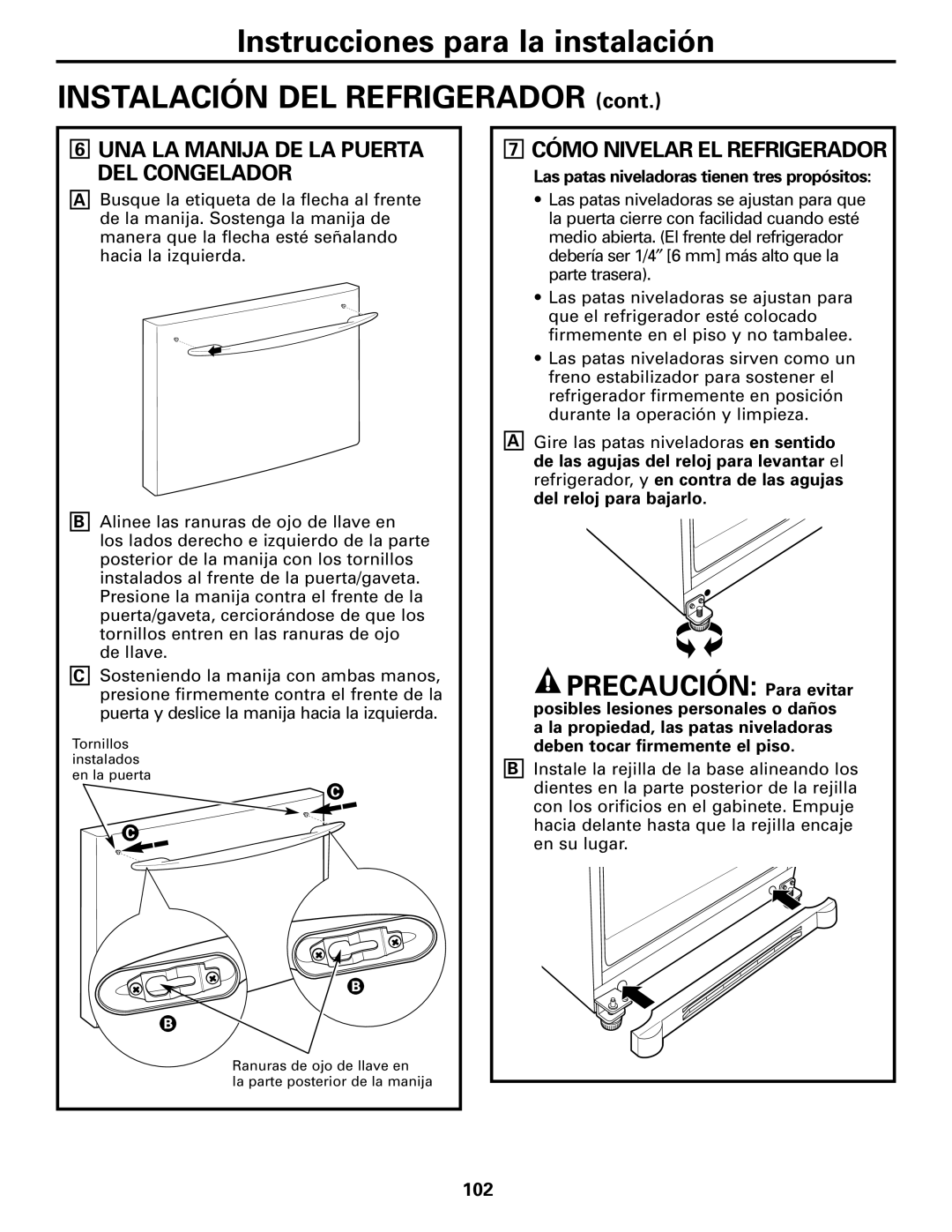 GE 197D4618P003 operating instructions UNA LA Manija DE LA Puerta DEL Congelador, Cómo Nivelar EL Refrigerador, 102 