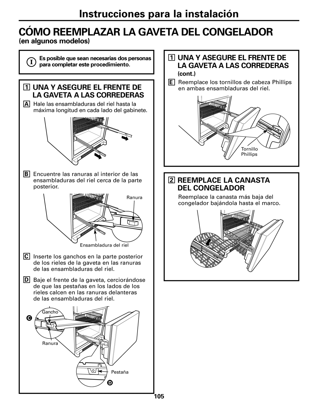 GE 197D4618P003 operating instructions Cómo Reemplazar LA Gaveta DEL Congelador, Reemplace LA Canasta DEL Congelador, 105 