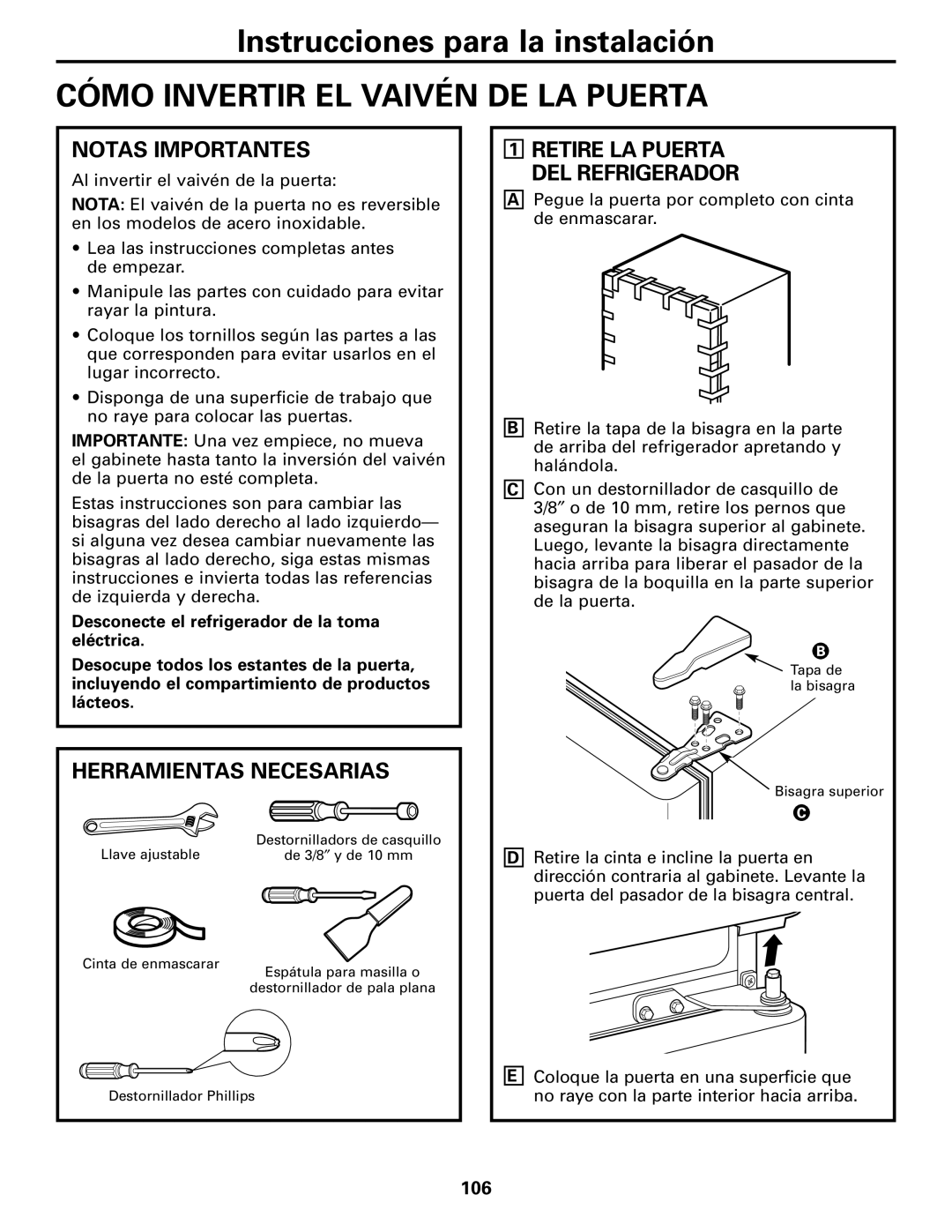 GE 197D4618P003 Cómo Invertir EL Vaivén DE LA Puerta, Notas Importantes, Herramientas Necesarias, 106 