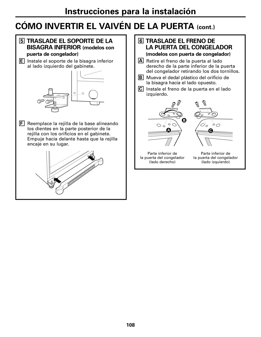 GE 197D4618P003 operating instructions Traslade EL Freno DE LA Puerta DEL Congelador, Puerta de congelador, 108 