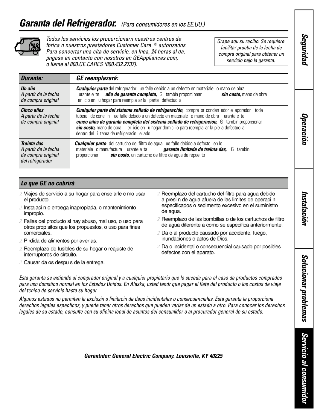 GE 197D4618P003 operating instructions Seguridad Operación, Durante GE reemplazará, Lo que GE no cubrirá 