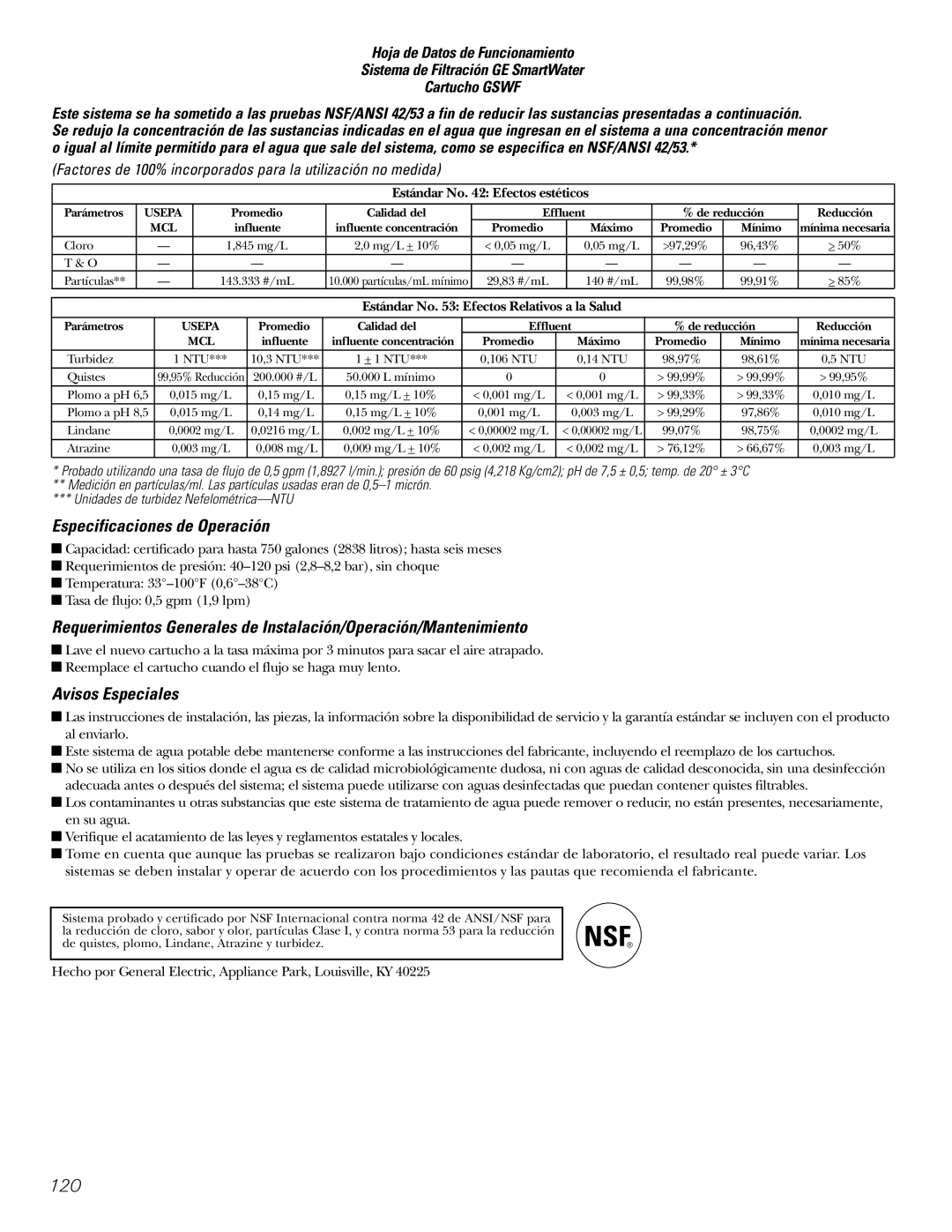 GE 197D4618P003 operating instructions Especificaciones de Operación, Avisos Especiales 