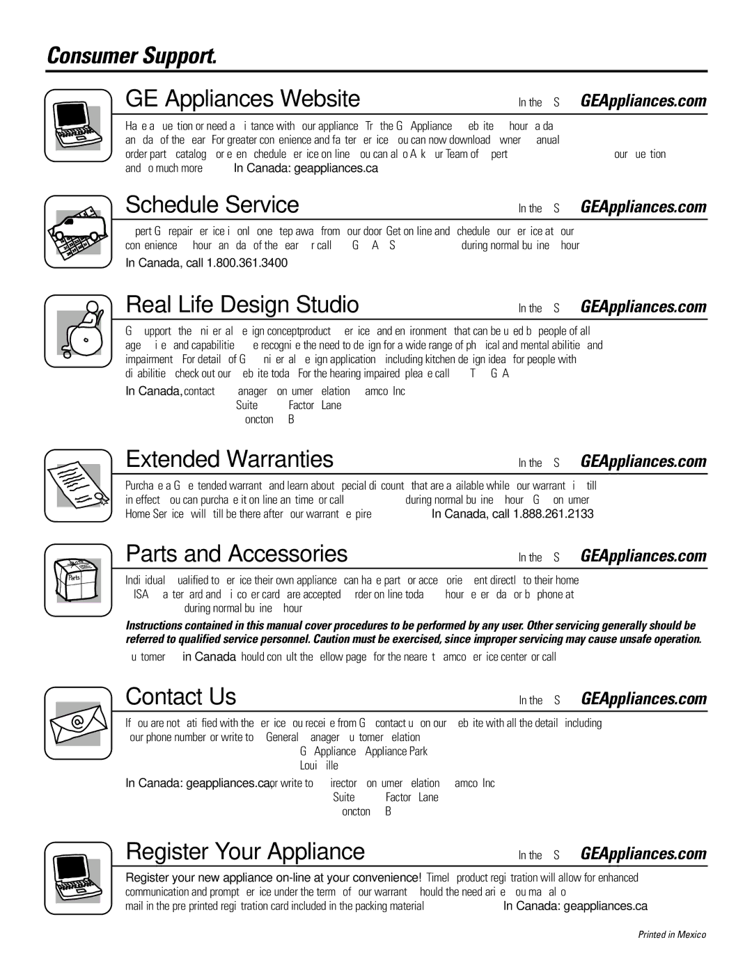 GE 197D4618P003 operating instructions Consumer Support, Schedule Service 