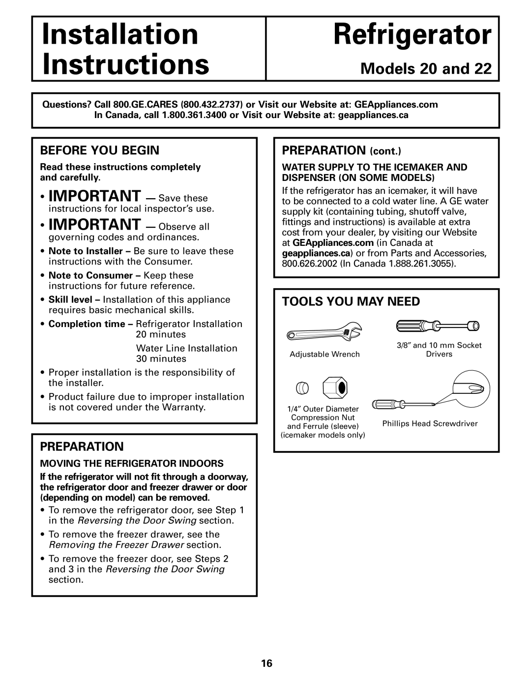 GE 197D4618P003 Before YOU Begin, Preparation, Tools YOU MAY Need, Read these instructions completely and carefully 