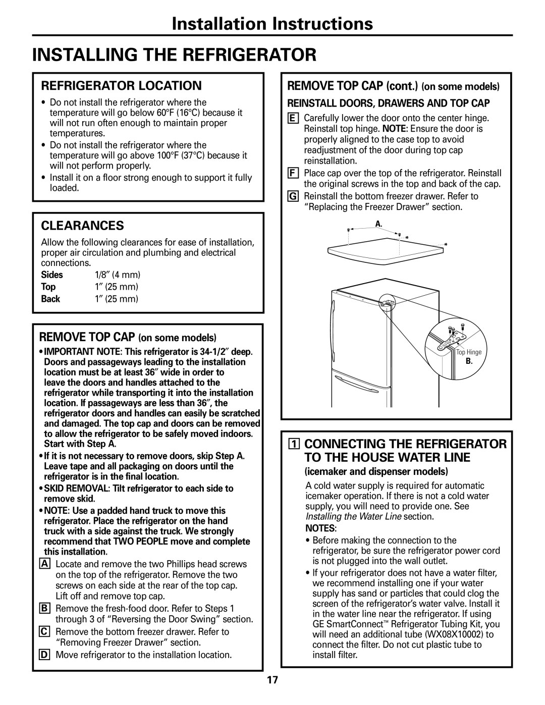 GE 197D4618P003 operating instructions Installing the Refrigerator, Refrigerator Location, Clearances 