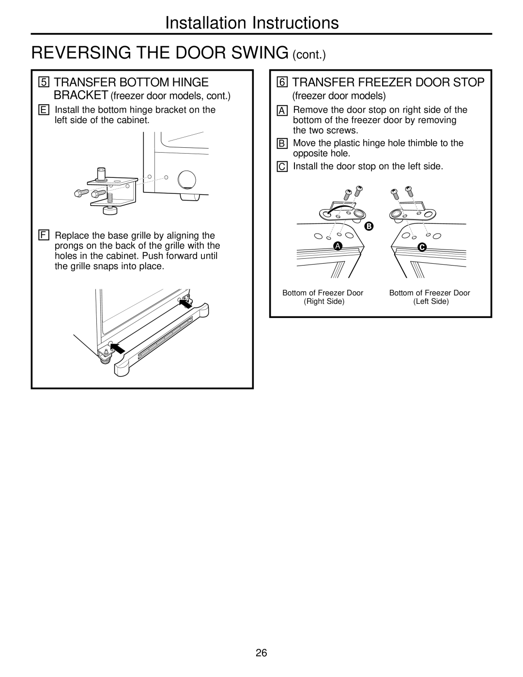 GE 197D4618P003 operating instructions Transfer Freezer Door Stop, Transfer Bottom Hinge Bracket freezer door models 