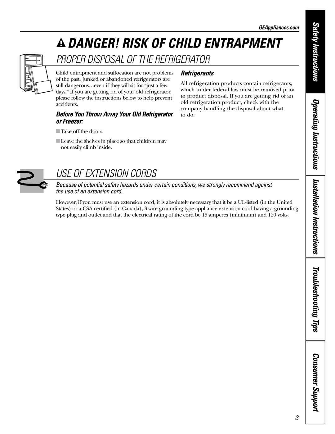 GE 197D4618P003 Before You Throw Away Your Old Refrigerator or Freezer, Refrigerants, Operating Instructions 