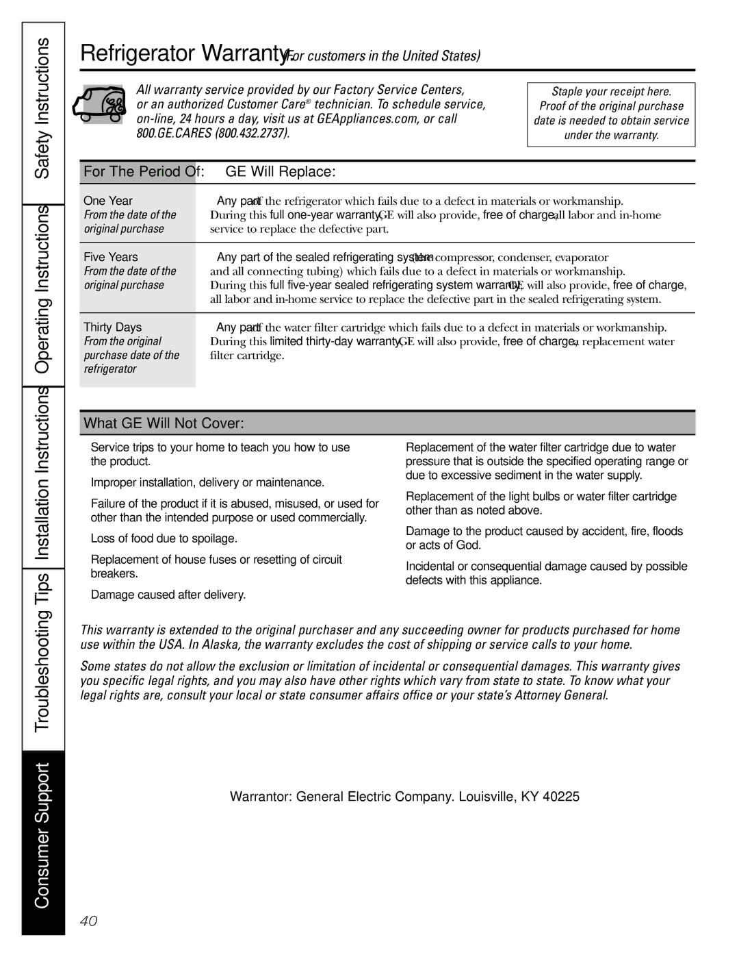 GE 197D4618P003 GE Will Replace, What GE Will Not Cover, Warrantor General Electric Company. Louisville, KY, One Year 