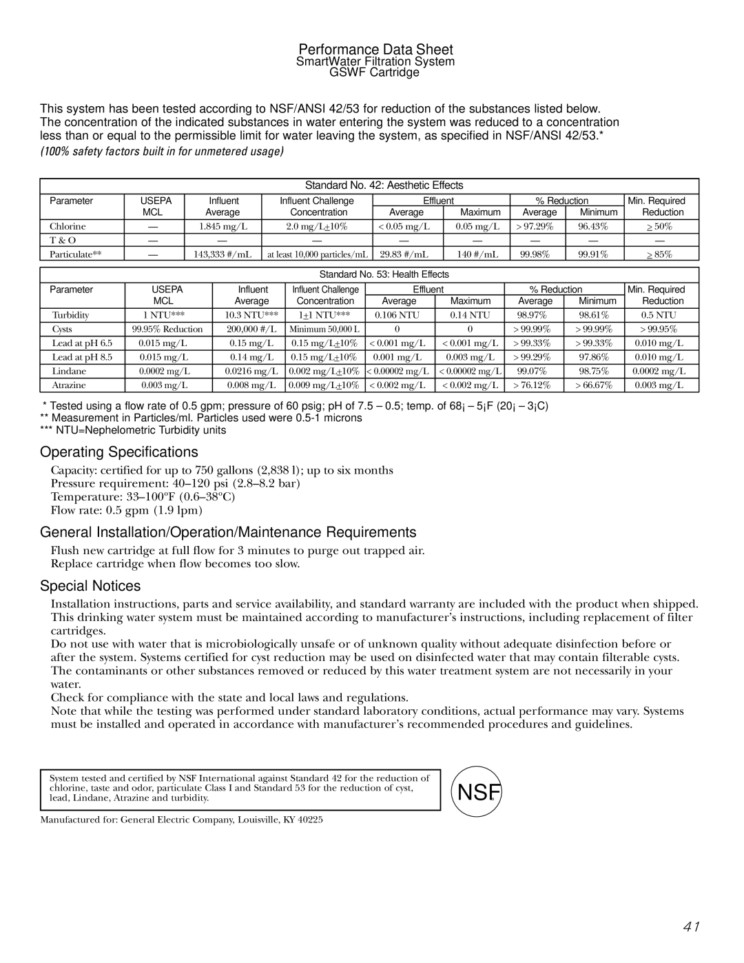 GE 197D4618P003 Performance Data Sheet, Operating Specifications, General Installation/Operation/Maintenance Requirements 