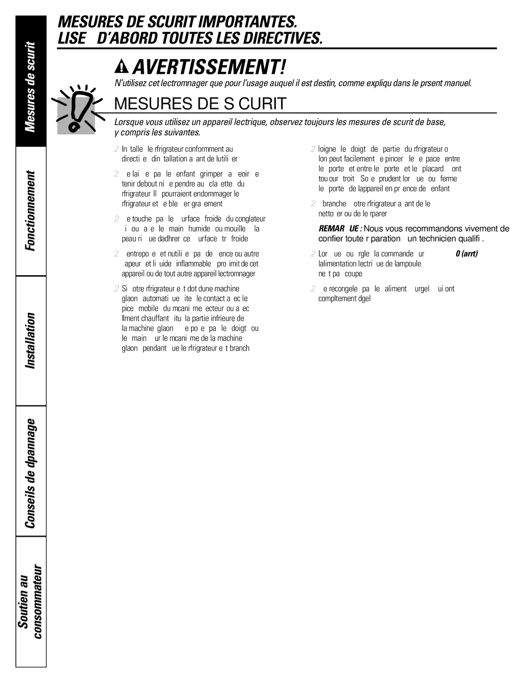 GE 197D4618P003 operating instructions Avertissement 