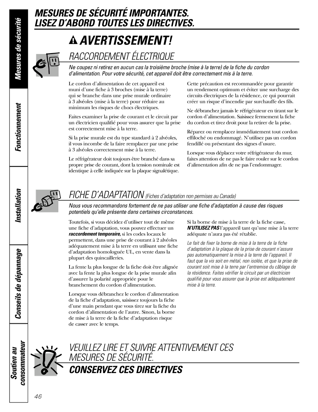 GE 197D4618P003 operating instructions Raccordement Électrique, Soutien au Consommateur 