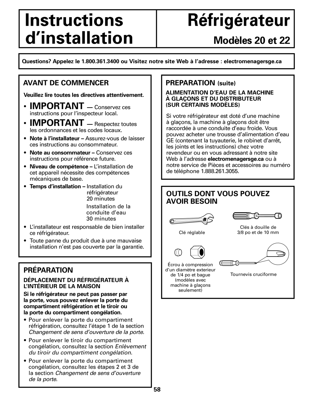 GE 197D4618P003 operating instructions Avant DE Commencer, Préparation, Outils Dont Vous Pouvez Avoir Besoin 