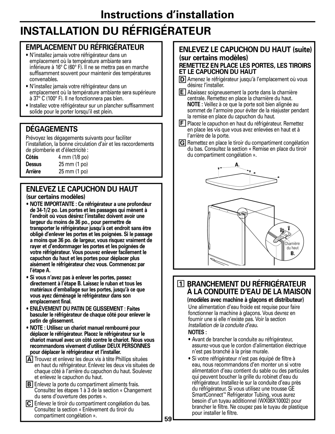 GE 197D4618P003 Installation DU Réfrigérateur, Dégagements, Enlevez LE Capuchon DU Haut, Emplacement DU Réfrigérateur 