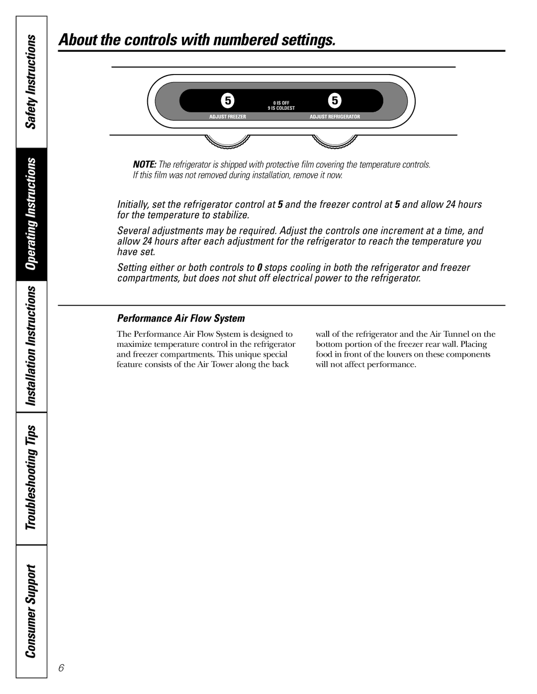 GE 197D4618P003 operating instructions About the controls with numbered settings 