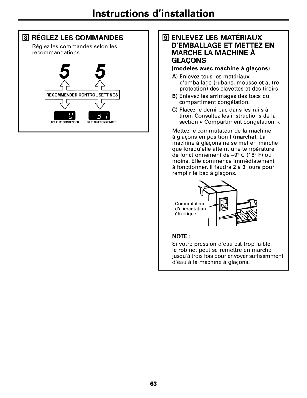 GE 197D4618P003 operating instructions Réglez LES Commandes, Modèles avec machine à glaçons 