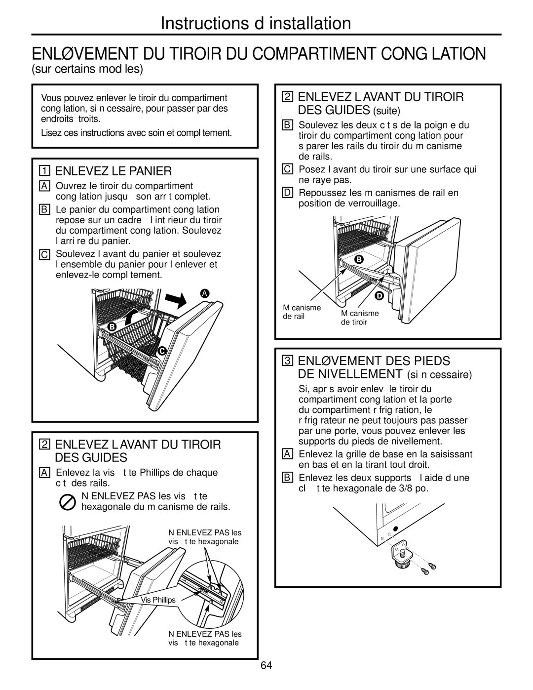 GE 197D4618P003 operating instructions Enlevez LE Panier, Enlevez L’AVANT DU Tiroir DES Guides, Enlèvement DES Pieds 