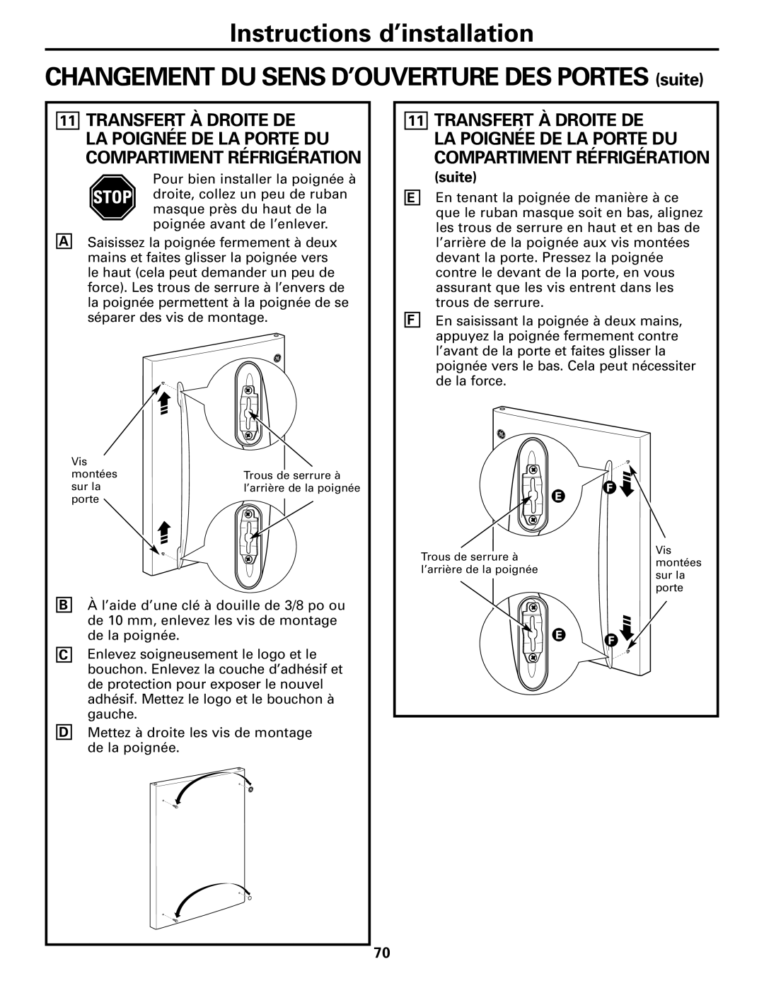 GE 197D4618P003 operating instructions Transfert À Droite DE, LA Poignée DE LA Porte DU Compartiment Réfrigération 