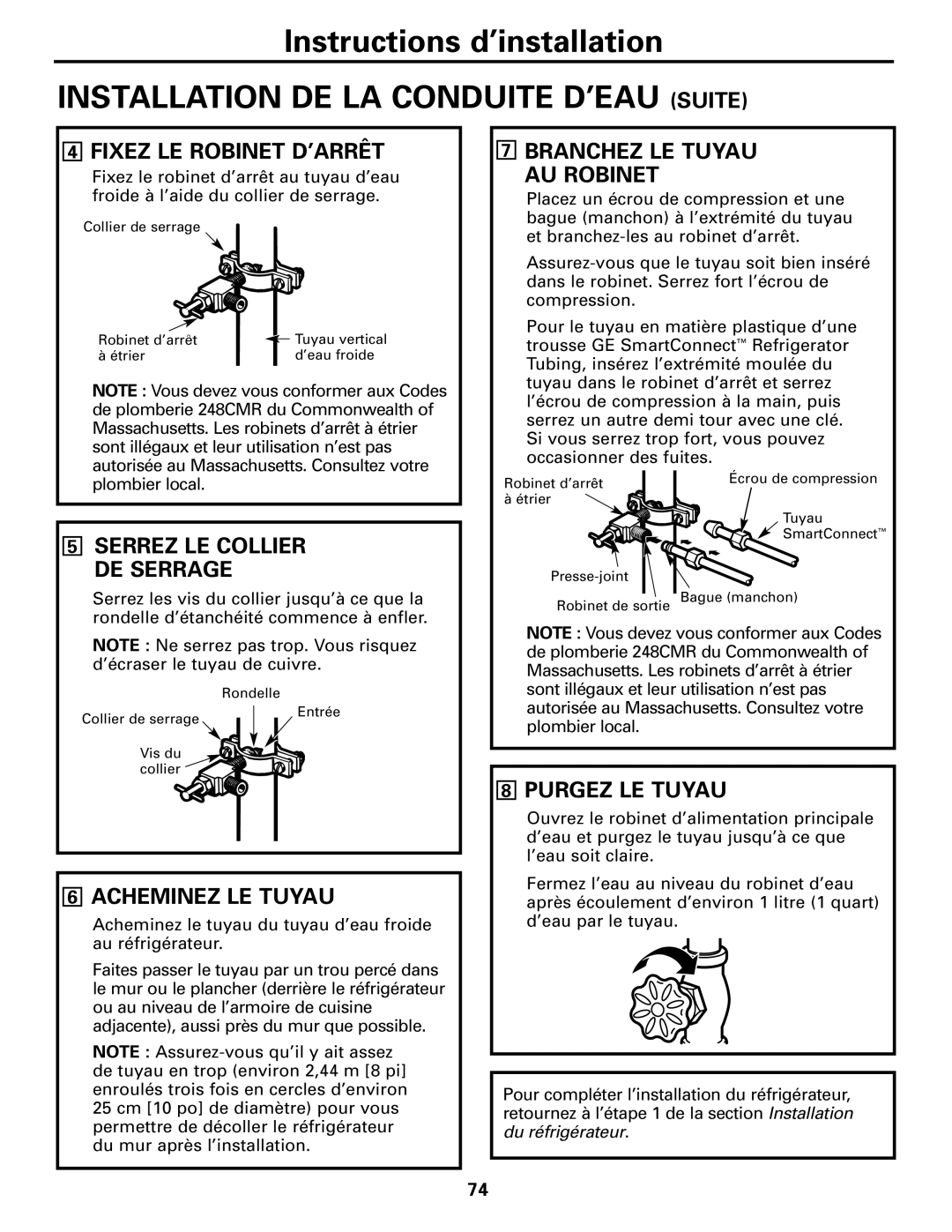 GE 197D4618P003 Installation DE LA Conduite D’EAU Suite, Fixez LE Robinet D’ARRÊT, Branchez LE Tuyau AU Robinet 