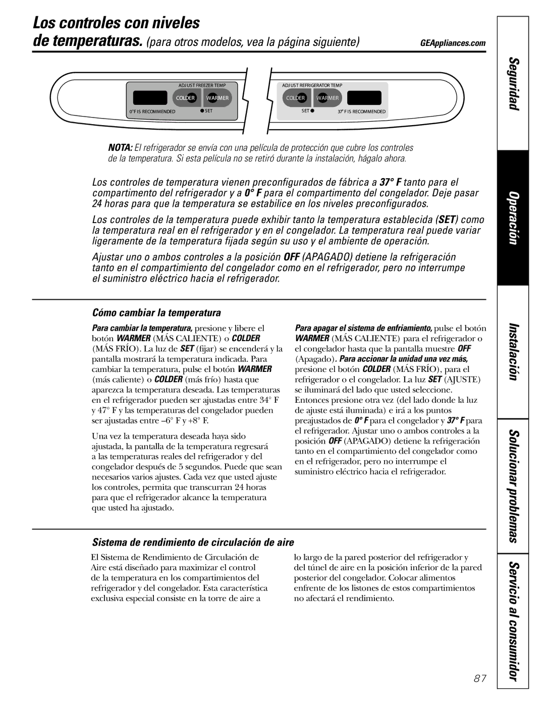 GE 197D4618P003 Los controles con niveles, Seguridad, Cómo cambiar la temperatura, Solucionar problemas 