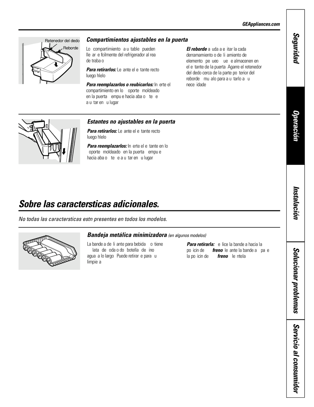 GE 197D4618P003 operating instructions Sobre las características adicionales, Compartimientos ajustables en la puerta 