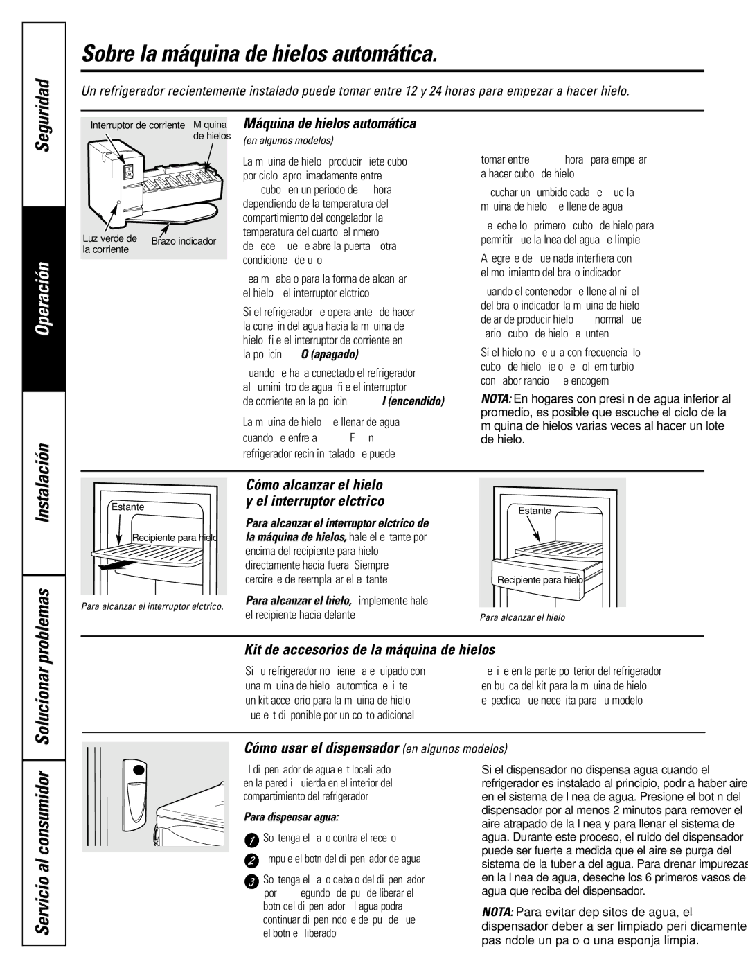 GE 197D4618P003 operating instructions Sobre la máquina de hielos automática, Solucionar, Máquina de hielos automática 