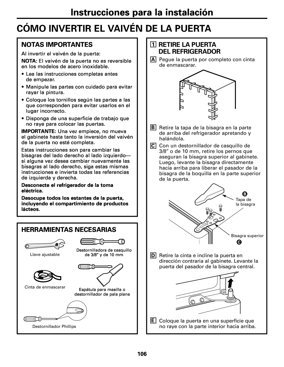 GE 197D4618P003 operating instructions Cómo Invertir El Vaivén De La Puerta, Notas Importantes, Herramientas Necesarias 