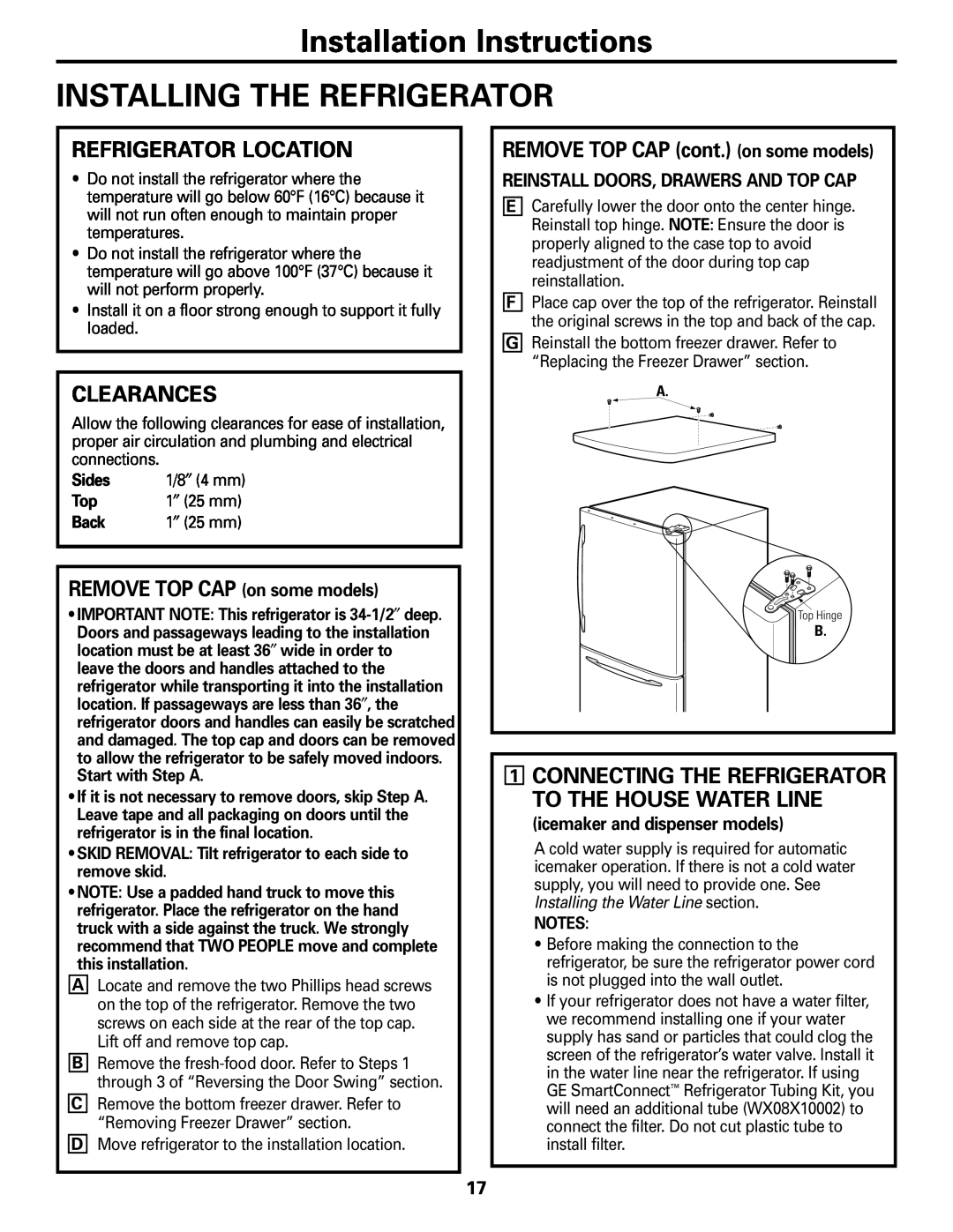 GE 197D4618P003 Installation Instructions INSTALLING THE REFRIGERATOR, Refrigerator Location, Clearances, Sides, Back 