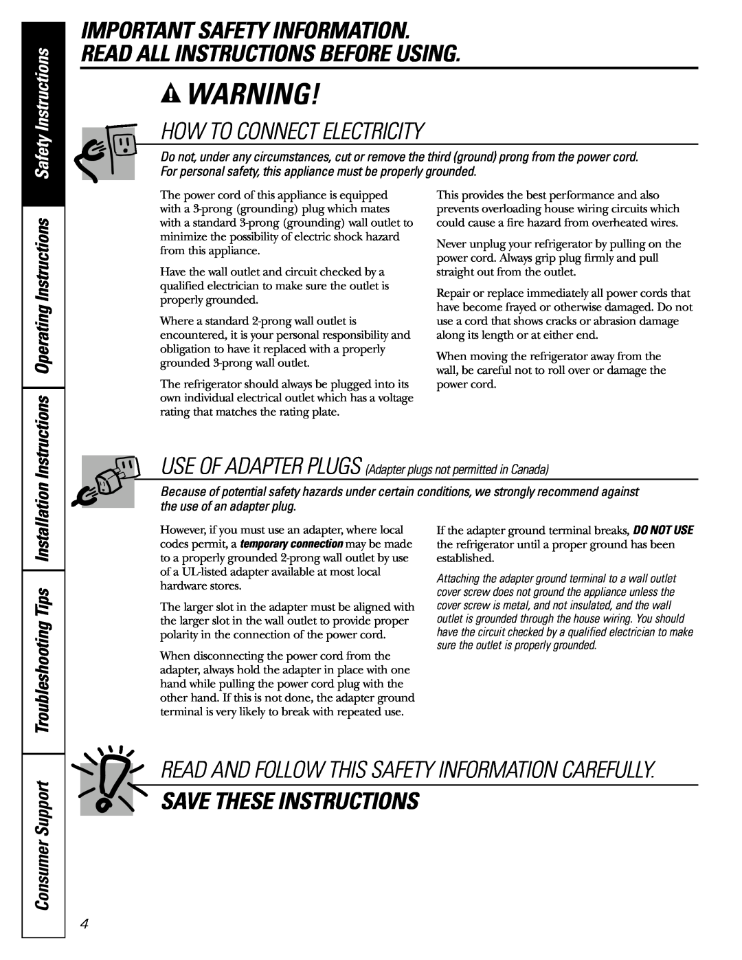 GE 197D4618P003 How To Connect Electricity, Save These Instructions, Troubleshooting Tips, Consumer Support 