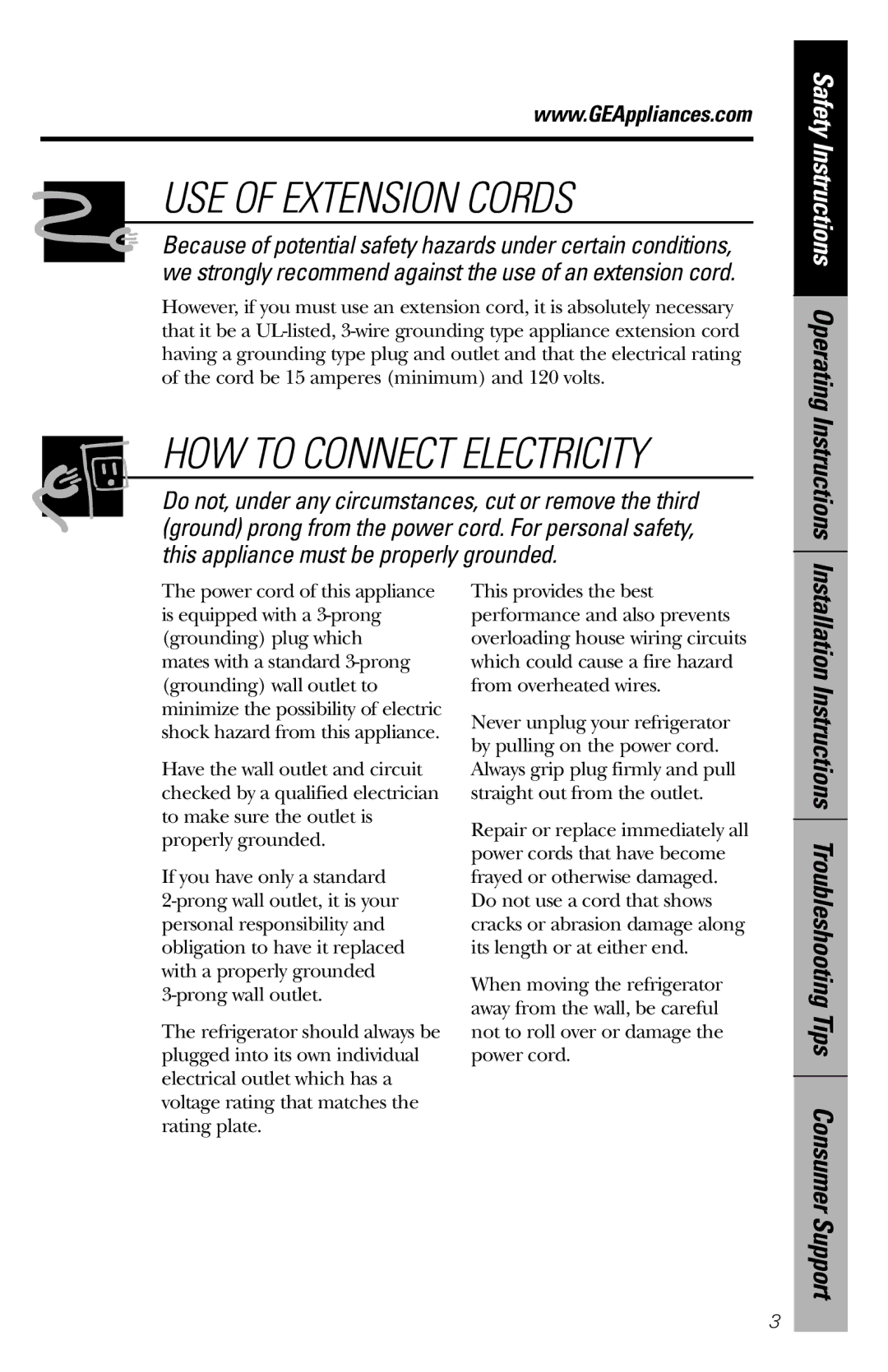 GE 197D5616P001 owner manual USE of Extension Cords, Safety Instructions Operating Instructions 