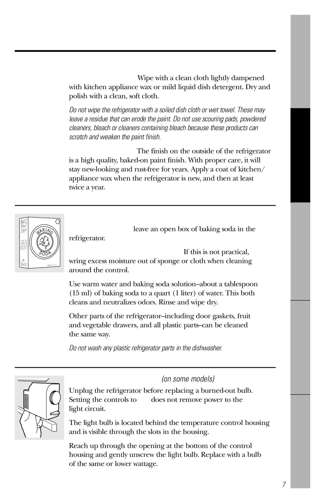 GE 197D5616P001 owner manual Care and cleaning Refrigerator, Cleaning the Outside, Cleaning the Inside 