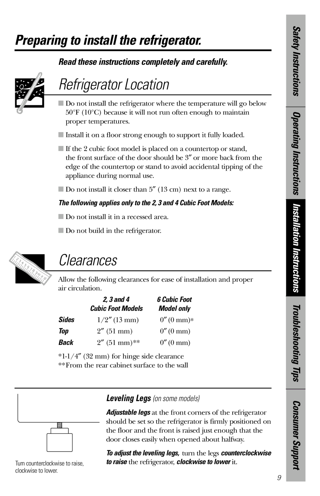 GE 197D5616P001 Preparing to install the refrigerator, Read these instructions completely and carefully, Consumer Support 