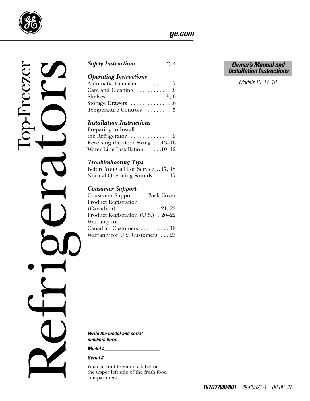 GE 197D7799P001 operating instructions Refrigerators, Write the model and serial numbers here Model # Serial # 