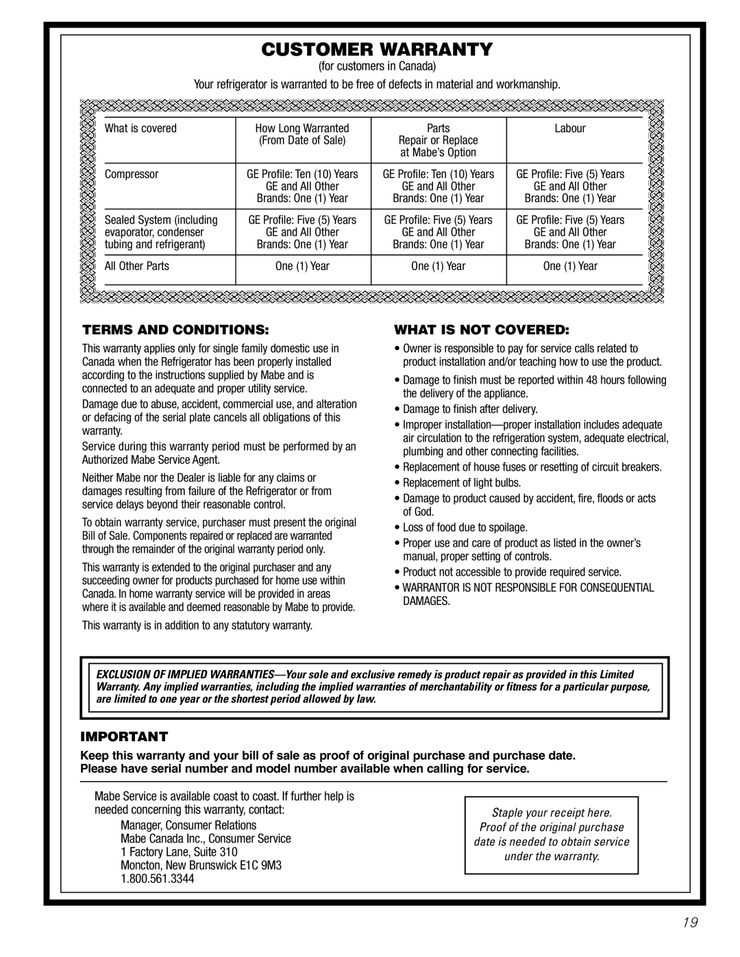 GE 197D7799P001 operating instructions Customer Warranty 