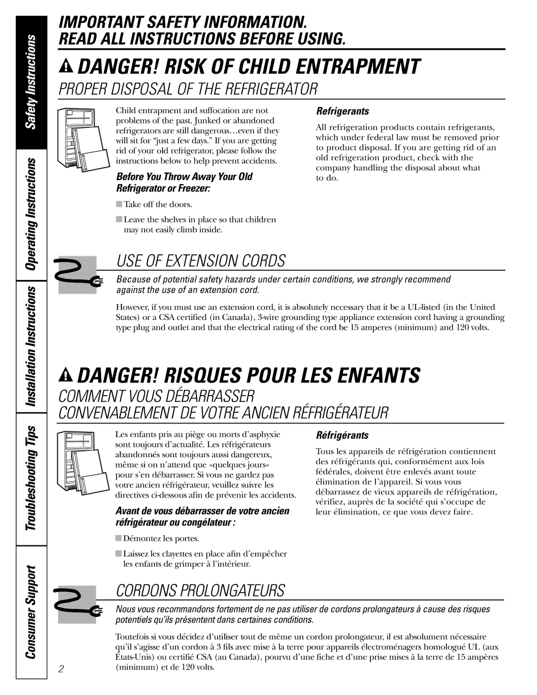 GE 197D7799P001 operating instructions TroubleshootingTips, Refrigerants, Réfrigérants 