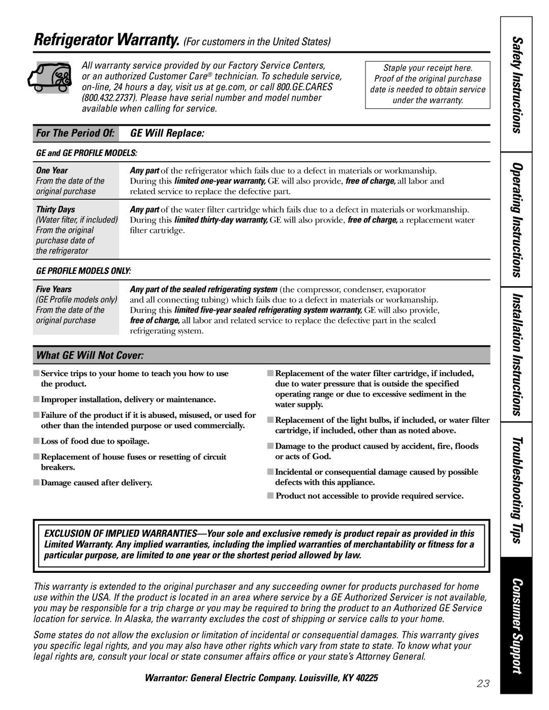 GE 197D7799P001 operating instructions Instructions Troubleshooting, GE Will Replace, What GE Will Not Cover 