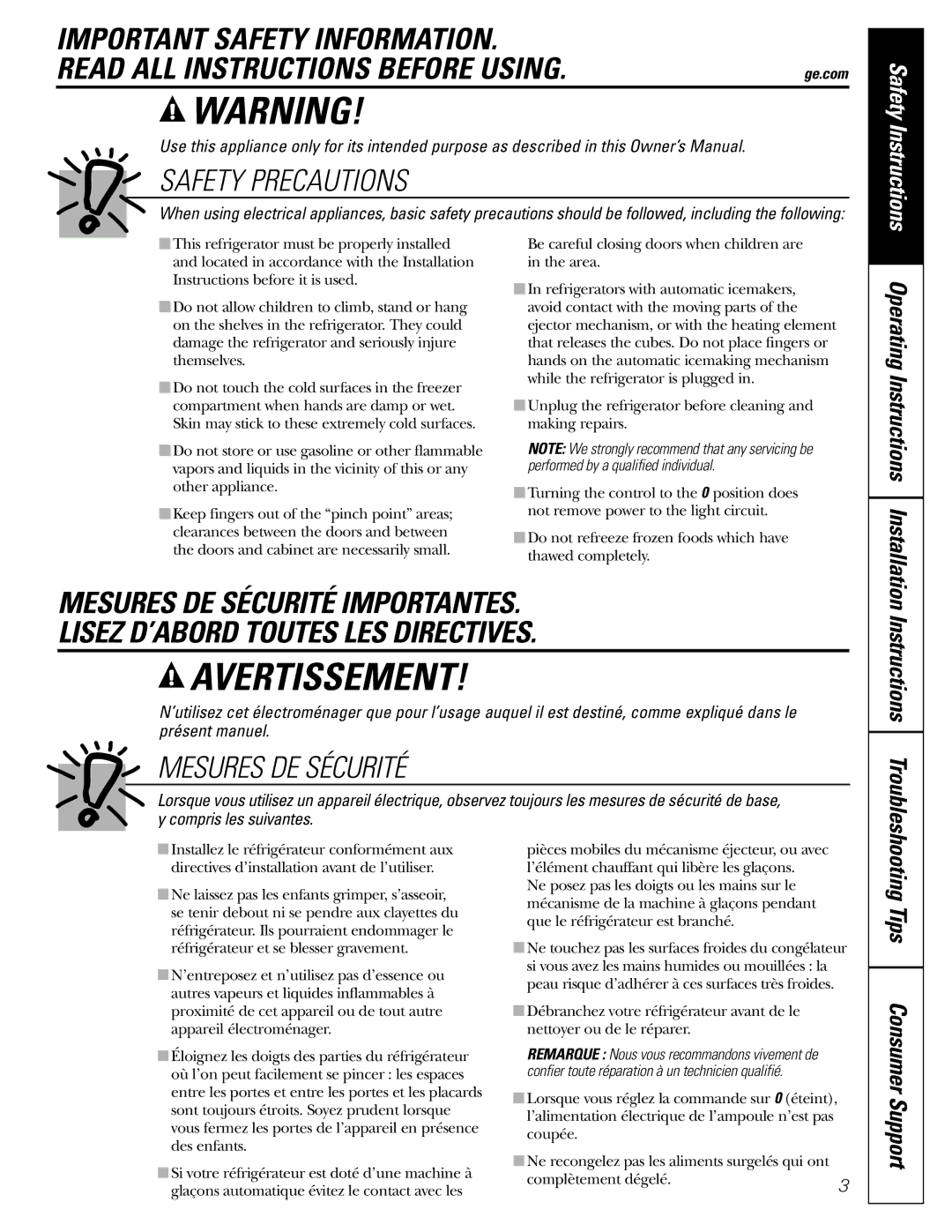 GE 197D7799P001 Tips Consumer Support, Operating Instructions Installation, Instructions Troubleshooting 