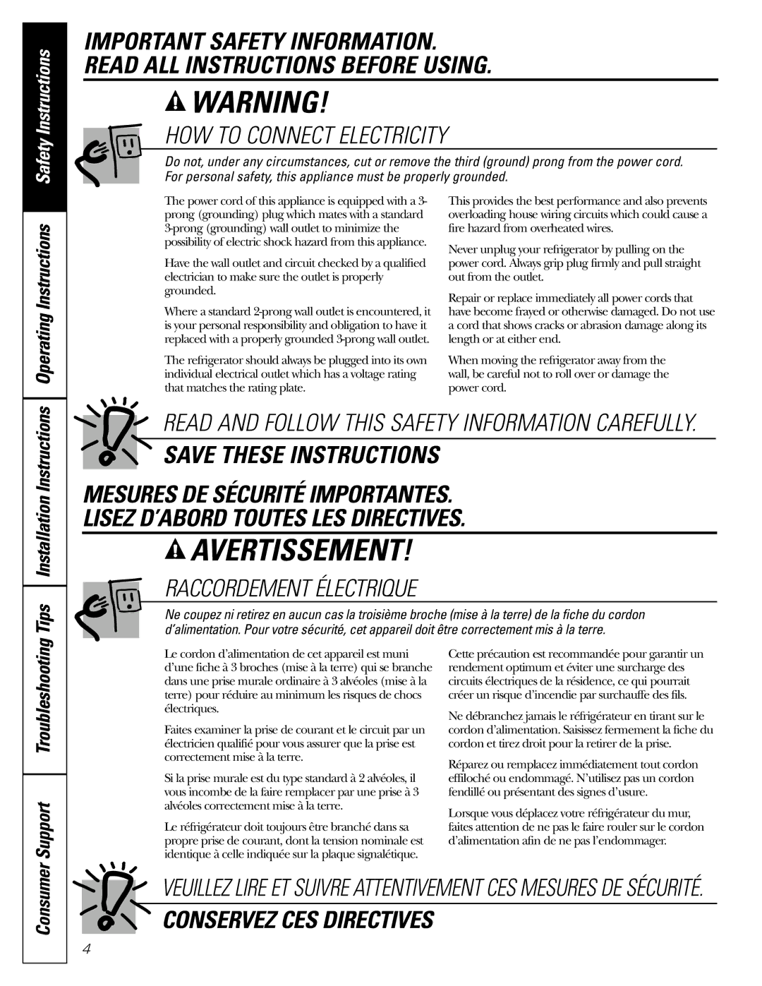 GE 197D7799P001 OperatingInstructions, InstallationInstructions, Support TroubleshootingTips, Consumer 