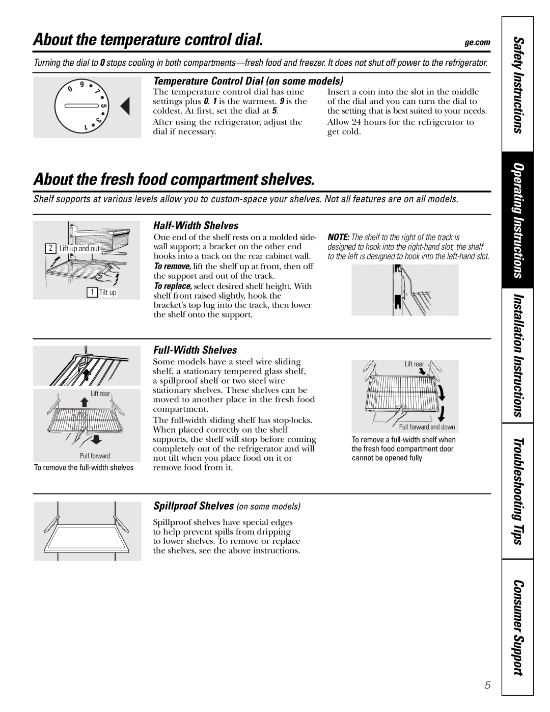 GE 197D7799P001 operating instructions About the temperature control dial, About the fresh food compartment shelves 