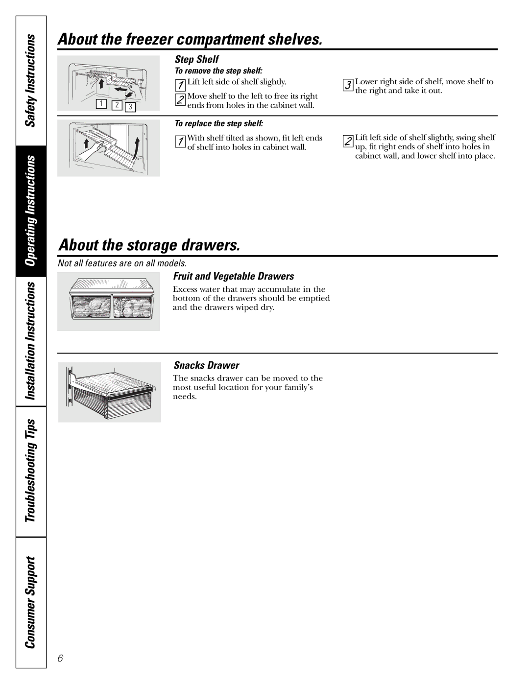 GE 197D7799P001 About the freezer compartment shelves, About the storage drawers, Step Shelf, Fruit and Vegetable Drawers 