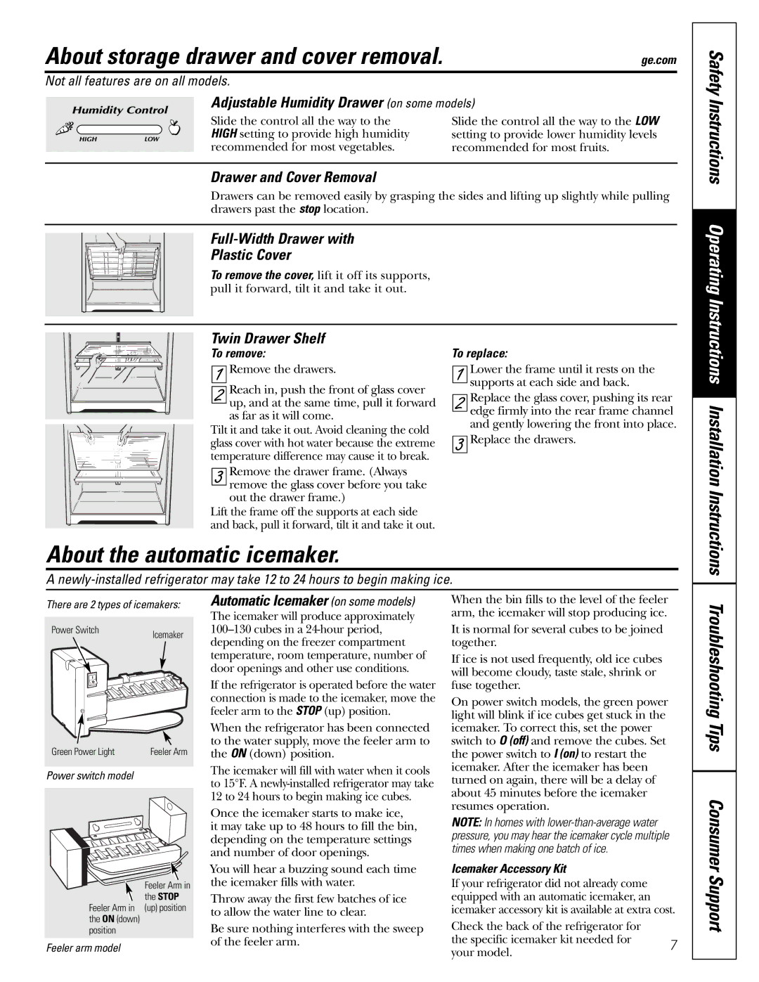 GE 197D7799P001 About storage drawer and cover removal, About the automatic icemaker, Safety Instructions Operating 