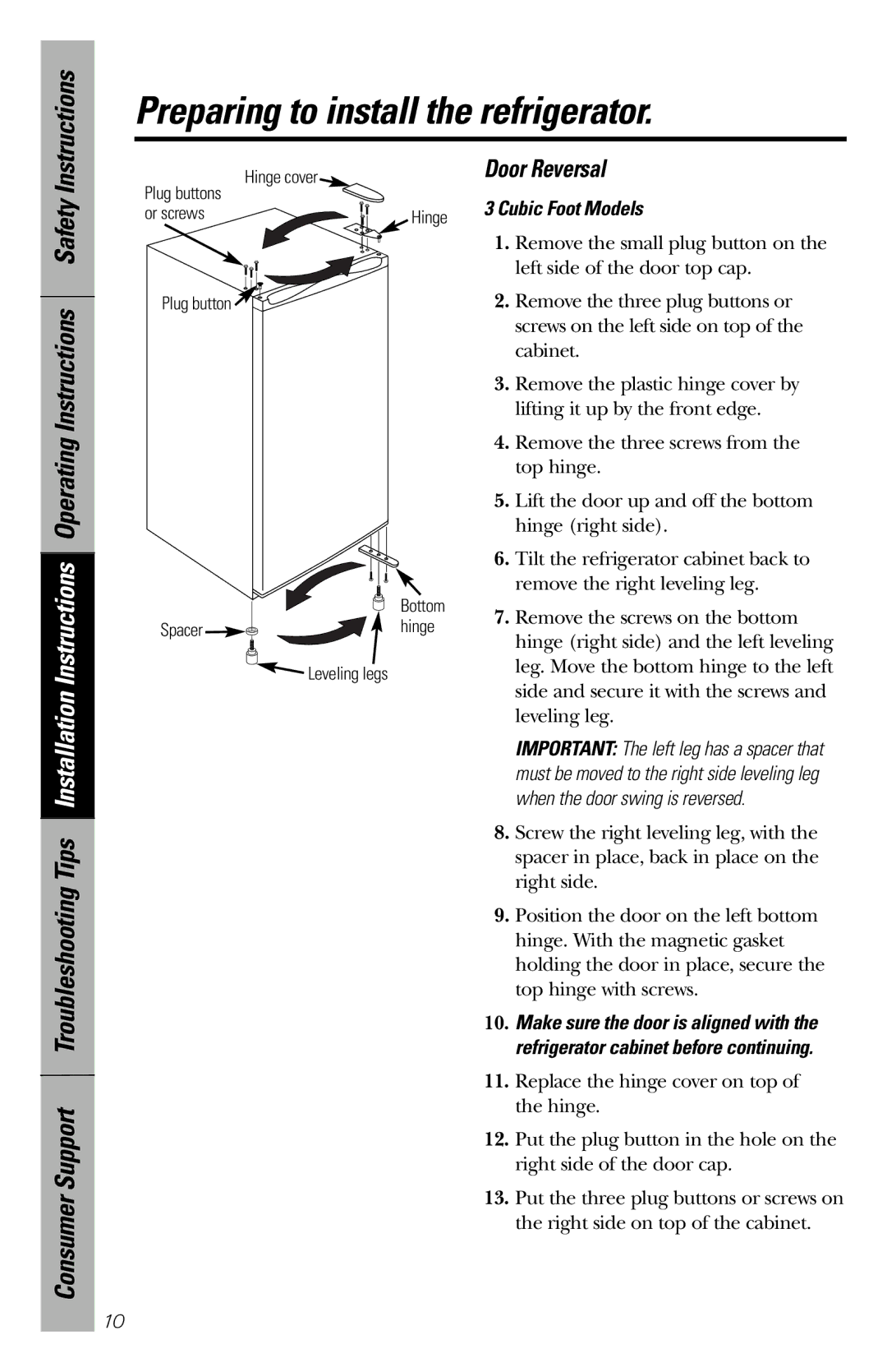 GE 162D9639P004 owner manual Door Reversal, Cubic Foot Models 