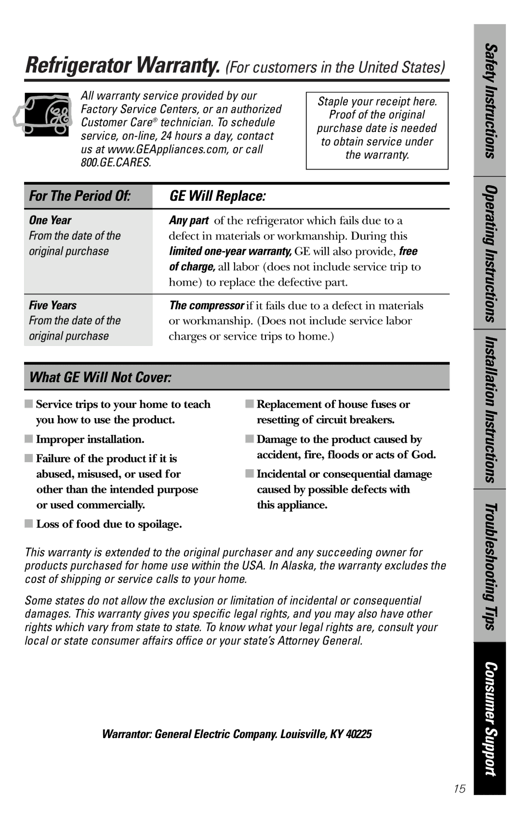 GE 162D9639P004 GE Will Replace, What GE Will Not Cover, Operating Instructions Installation, One Year, Five Years 