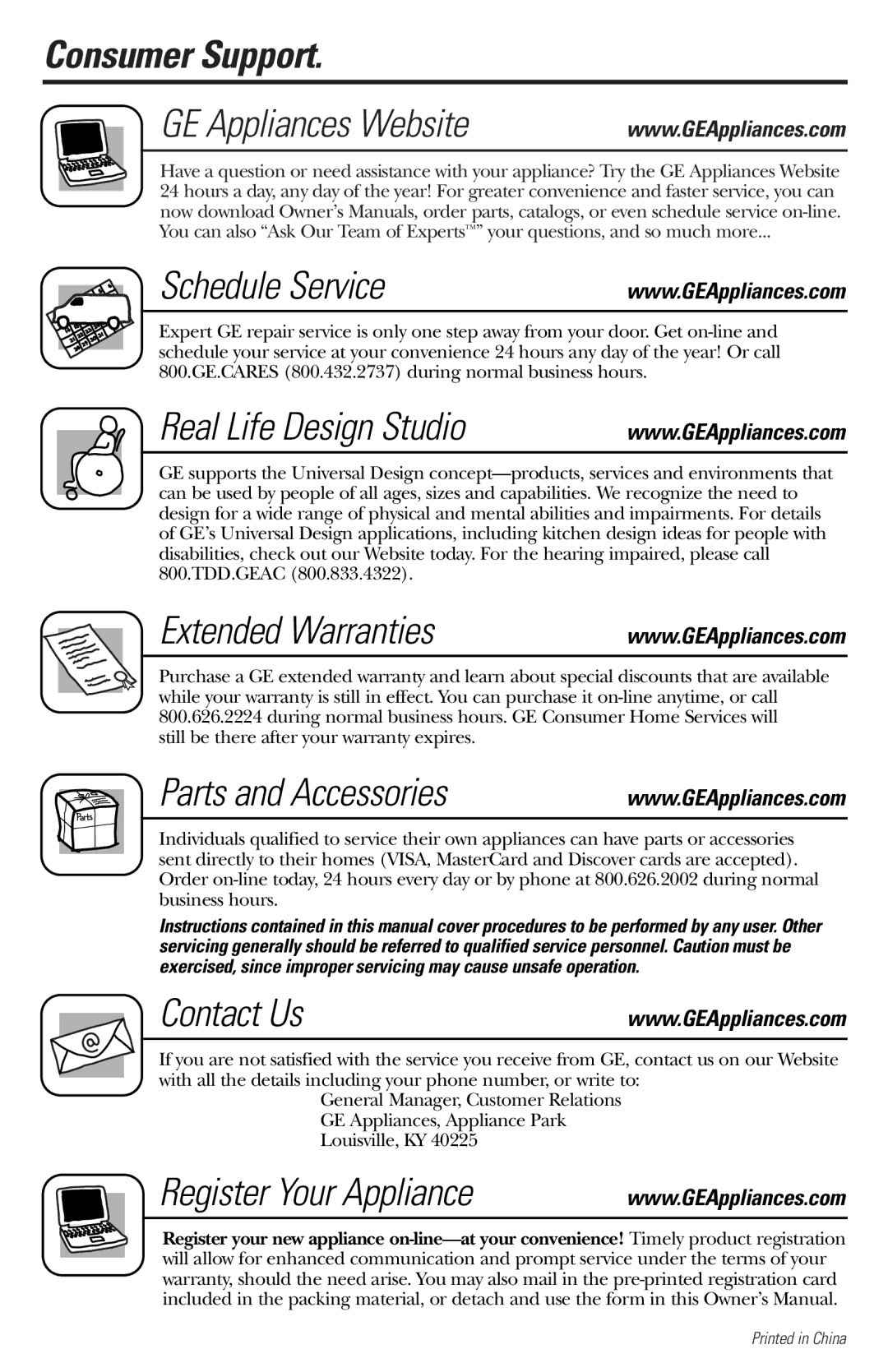 GE 2 Consumer Support GE Appliances Website Schedule Service, Real Life Design Studio, Extended Warranties, Contact Us 