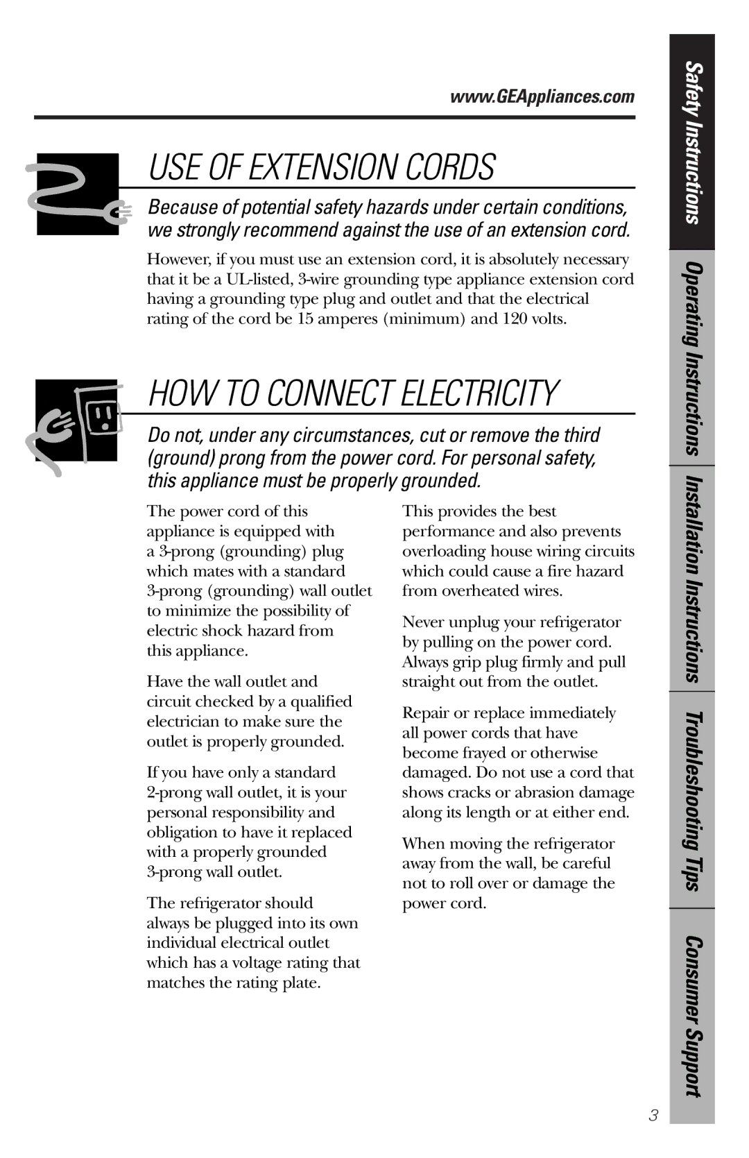 GE 162D9639P004 owner manual USE of Extension Cords, Safety Instructions Operating Instructions 