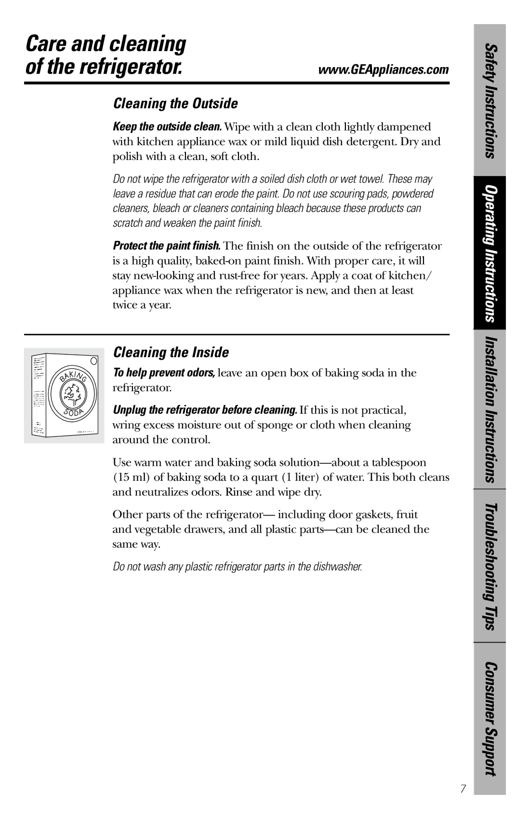 GE 162D9639P004 owner manual Care and cleaning Refrigerator, Cleaning the Outside, Cleaning the Inside 